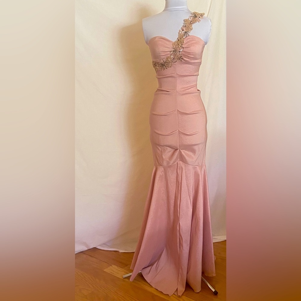 XSCAPE Pink Gown w/ One Shoulder Beading